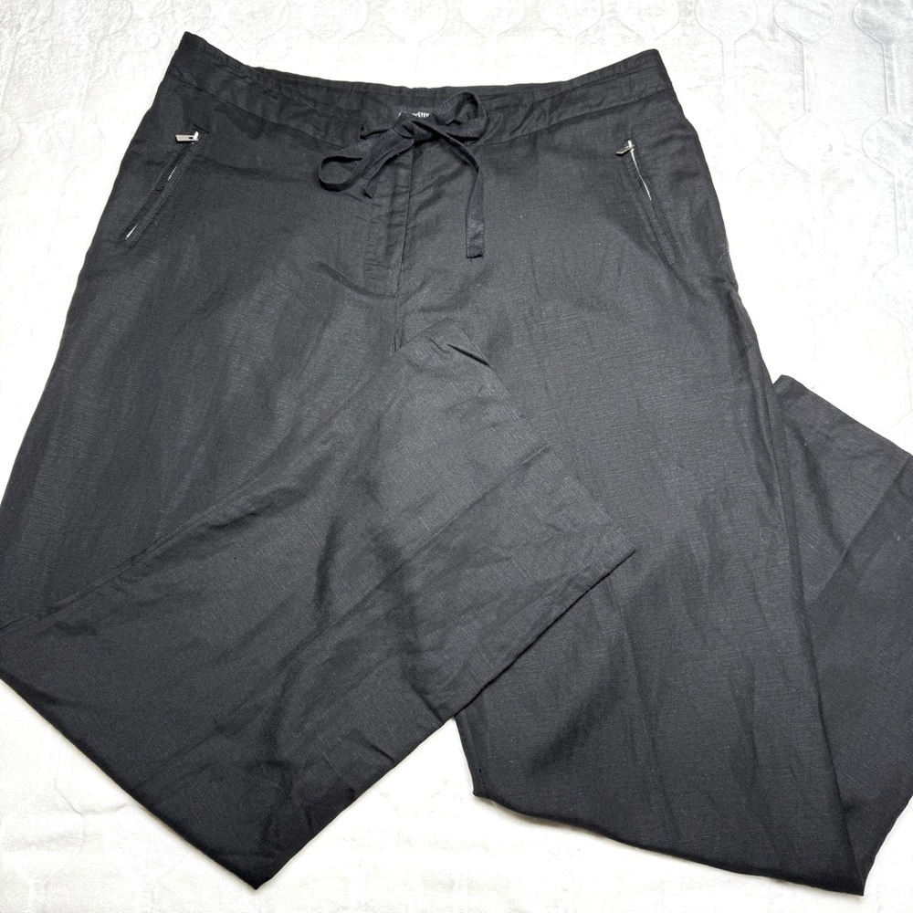 Ashley Stewart Black Breathable Linen Pants Full-Length Belted Loose Fit Size 16